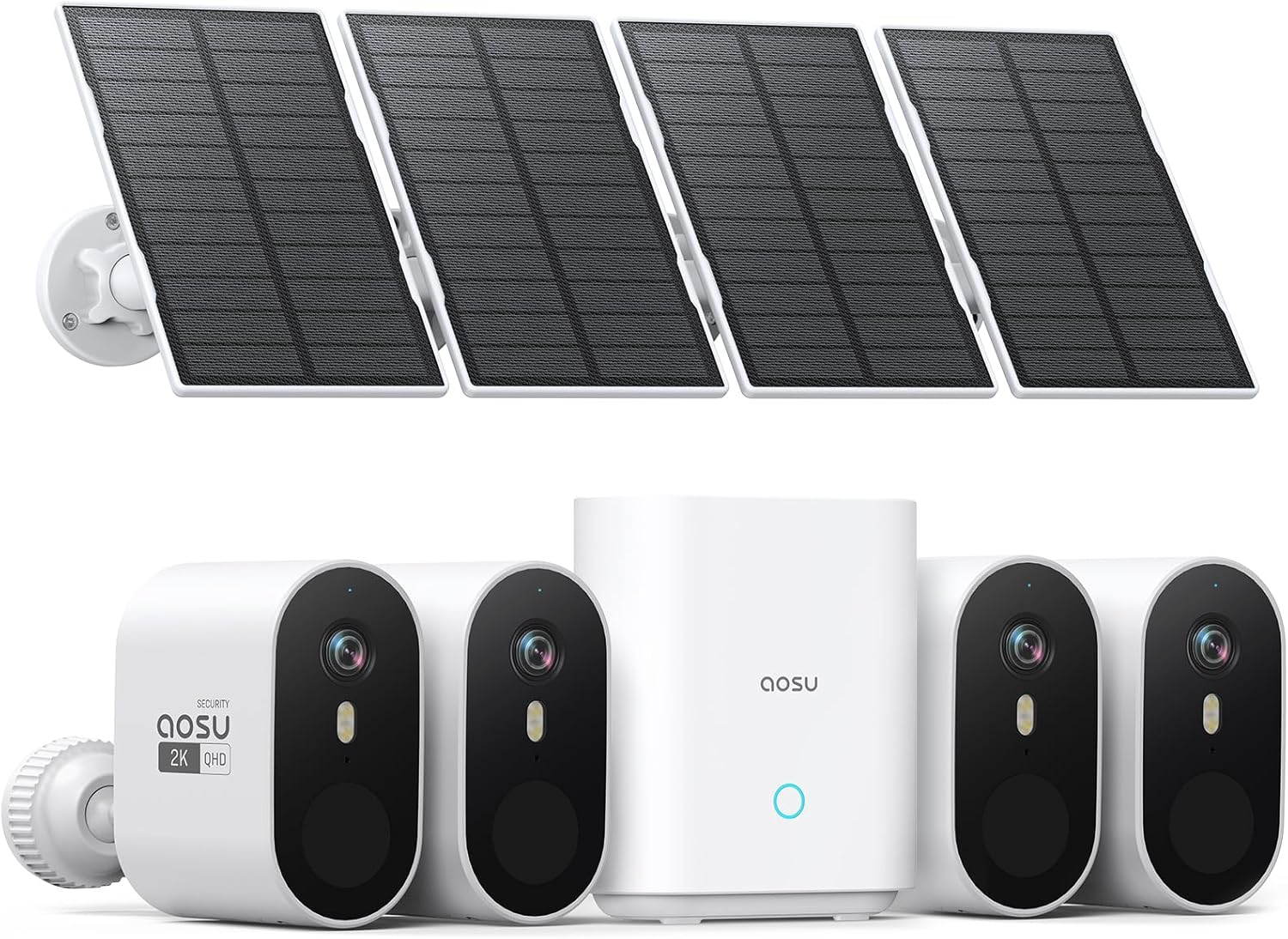 AOSU Solar Security Cameras Wireless Outdoor, 2K QHD Home Security System, 4-Cam Kit with 166° Ultra-Wide View, Cam-to-Cam Sync, 32GB Homebase Local Storage, Color Night Vision, No Monthly Fee