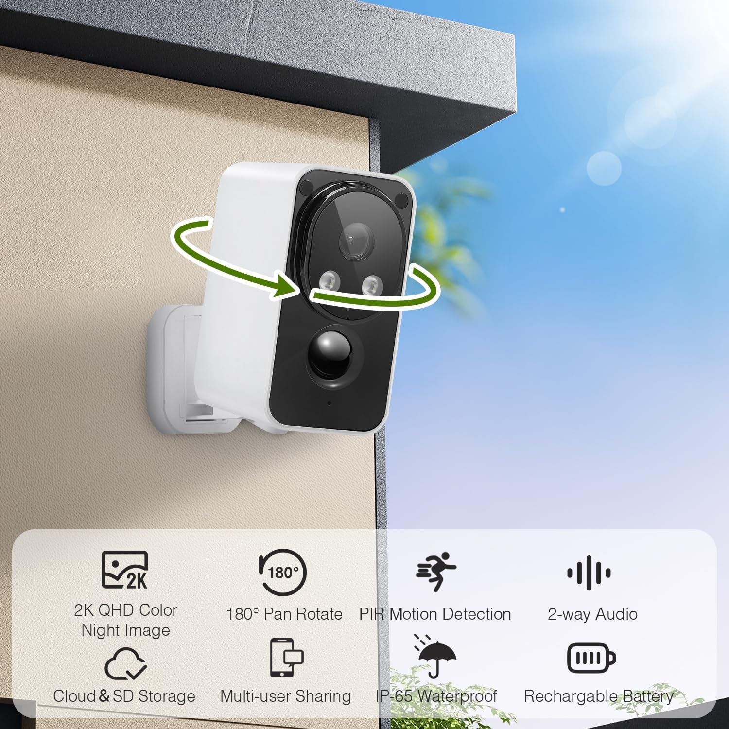 Security Cameras Wireless Outdoor 180° Pan Rotate 2K Color Night Vision Cameras for Home Security Motion Detection Siren 2-Way Talk Battery Powered IP65 Waterproof 2.4GHz WiFi Cloud/SD Storage 2-Pack
